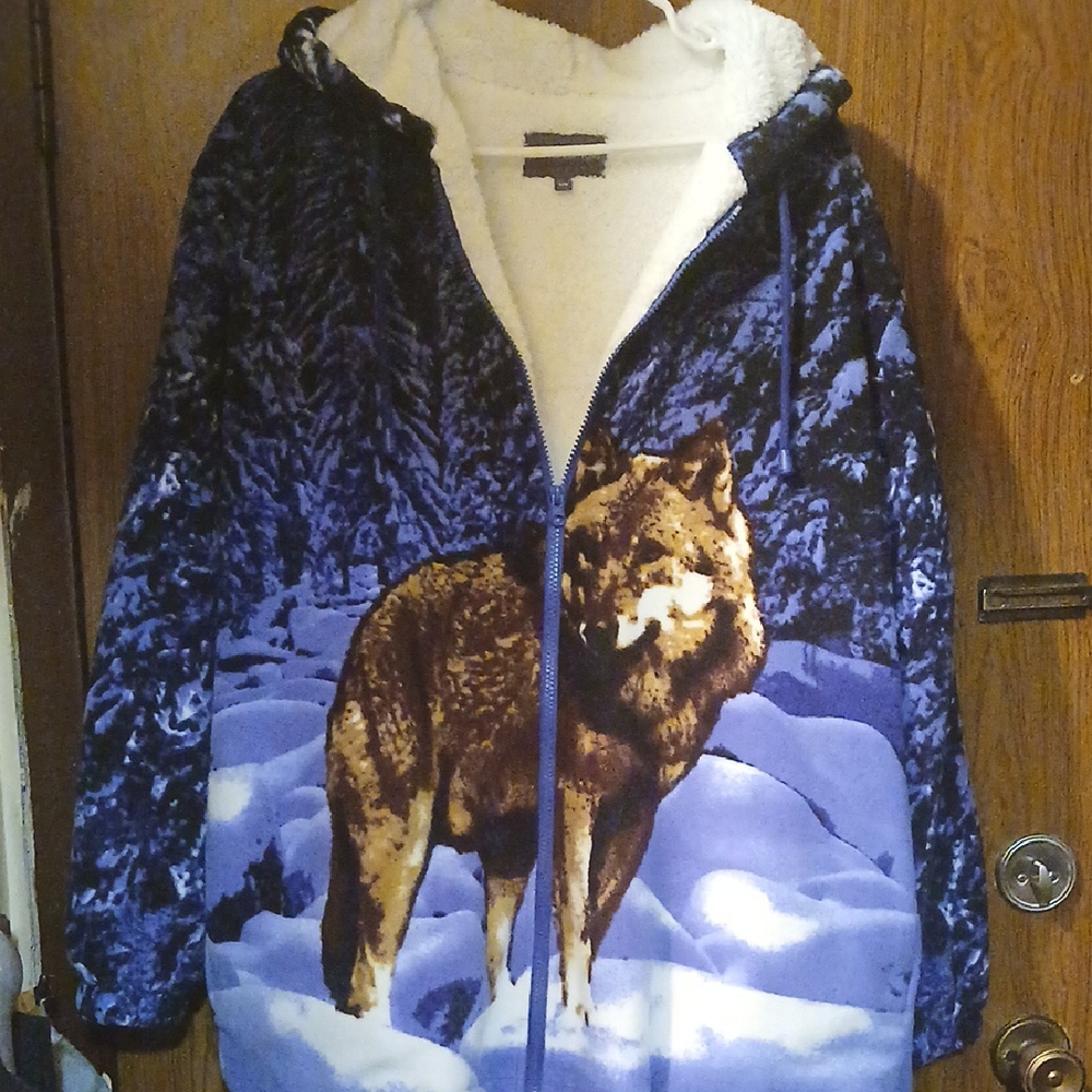 Wolf Print Hooded Jacket (Unisex) Size Large-(see Measurments In Description)